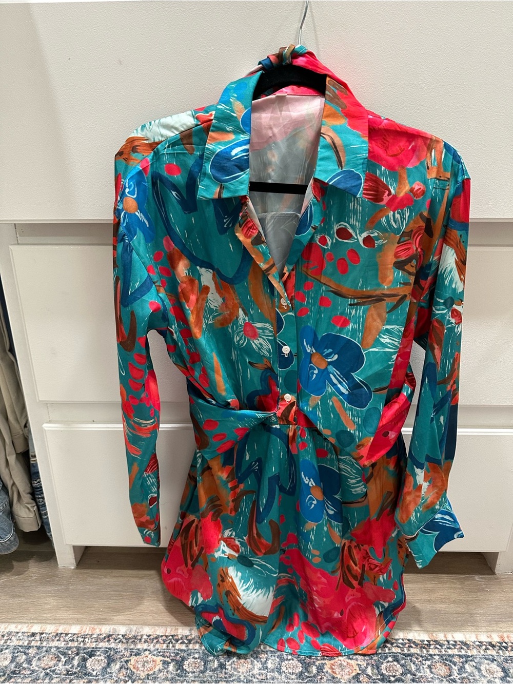 Teal Floral Button-Front Tie-Waist Dress